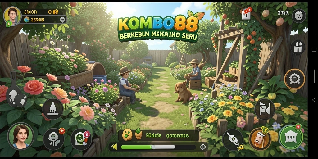 Tangkapan layar gameplay KOMBO88 yang menampilkan kebun yang indah dan beragam tanaman.