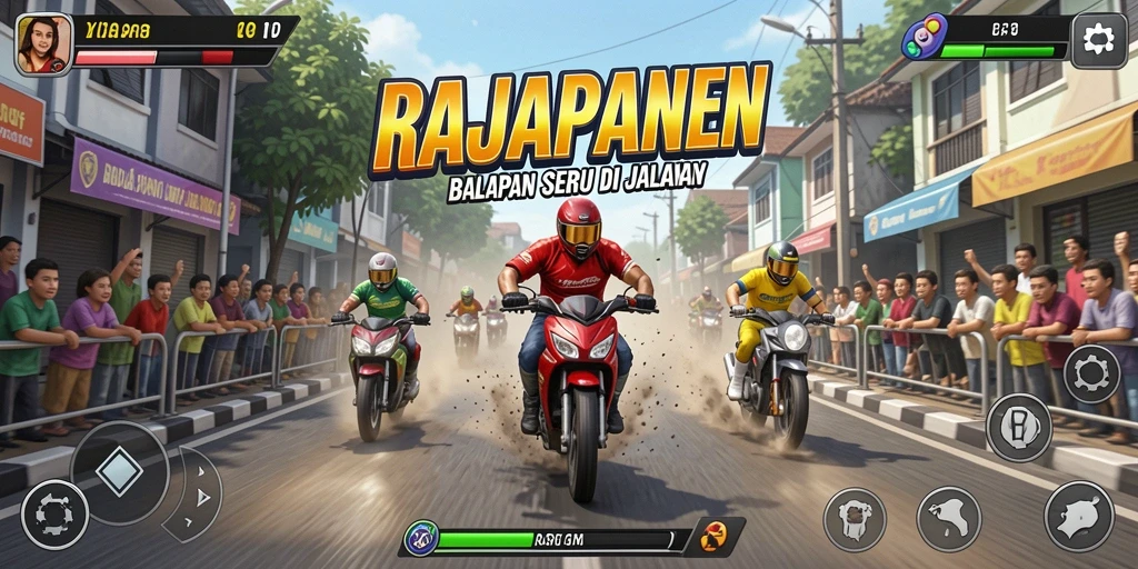 Screenshot utama RAJAPANEN menampilkan balapan seru dengan tampilan kendaraan dan trek yang detail.