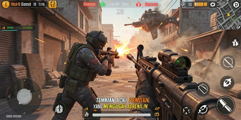 Screenshot permainan ZK3 dengan aksi tembak menembak yang mendebarkan.